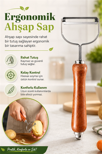 Ergonomik Ahşap Saplı Metal Meyve Sebze Soyacağı Tek Başlıklı Pratik Soyacak
