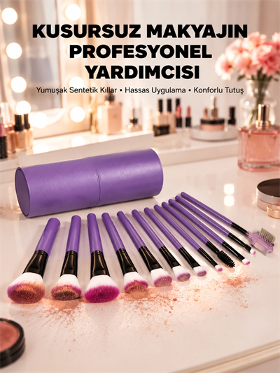 Ergonomik Saplı Fiber Kıllı 12li Makyaj Fırça Takımı Göz ve Ten Makyajı İçin Uygun