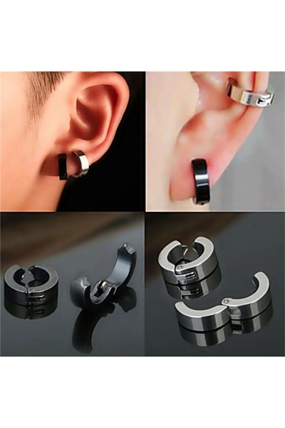 Erkek Küpesi - 1 Adet Çelik Kıstırmalı Küpe Paslanmaz Atmaz Çelik Gümüş Renk Küpe