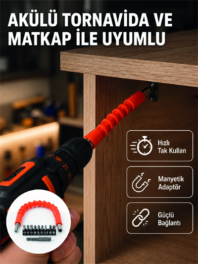 Esnek Bits Uç Seti 12 Parça Manyetik Adaptörlü Matkap Tornavida Aksesuarı