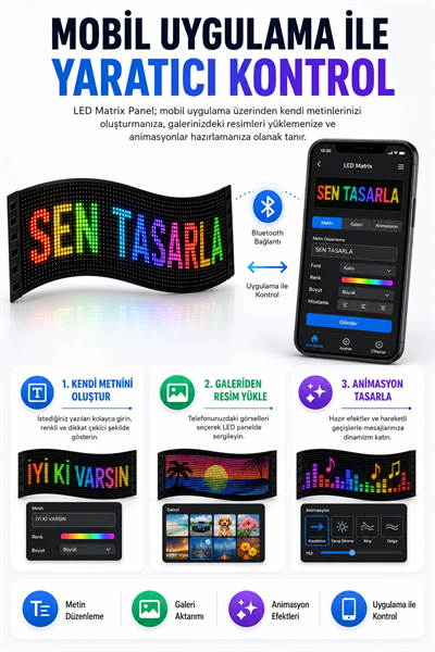 Esnek LED Matrix Panel Kayan Yazı Ekranı Kumandalı Ritim Ve Galeri Destekli