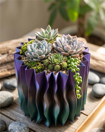 Estetik Dalga Formlu Mor 3D Baskı Dekoratif Vazo Modern Ev Aksesuarı