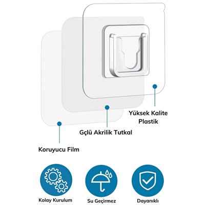 Eşya Sabitleme Askısı 10 Çift Şeffaf Çift Taraflı Yapışkanlı Geçmeli Klips Bx40