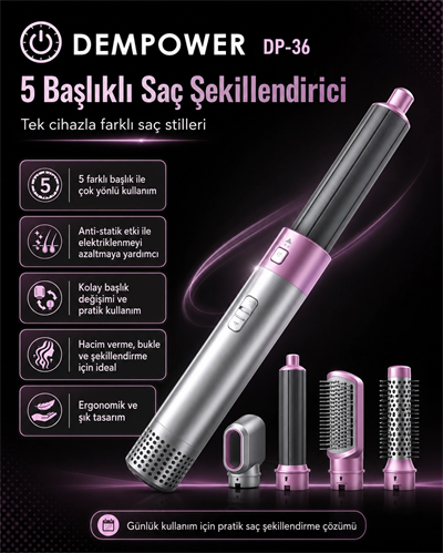 Ev Tipi Kullanıma Uygun 5 Aparatlı Saç Şekillendirici Fön Fırçası ve Dalga Seti
