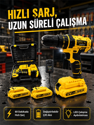 Ev ve Atölye İçin 12V Akülü Matkap | Plastik Mandren ve Metal Şanzıman