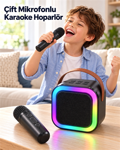 Evde Karaoke İçin Çift Mikrofonlu Şarj Edilebilir Kablosuz Hoparlör