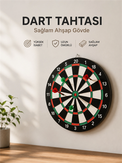Evde, Ofiste ve Oyun Alanlarında Kullanıma Uygun Sağlam Ahşap Gövdeli Dart Tahtası