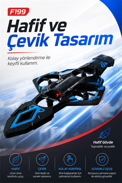 F199 Uzaktan Kumandalı Uçak Drone 2.4G Bağlantılı 360 Derece Dönüş Özellikli Oyuncak