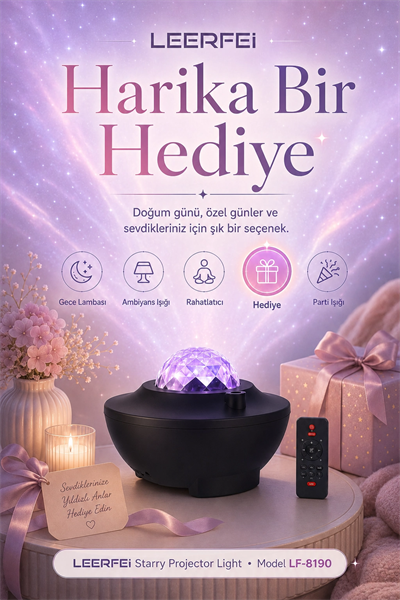 FM Destekli Yıldız Projektör Işığı Gece Lambası Rahatlatıcı Ortam Aydınlatmalı