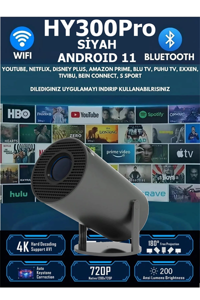 FULL HD LED projeksiyon cihazı 1920x1080 çözünürlük 10000:1 kontrast USB HDMI siyah