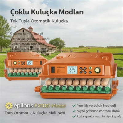 FX100 Tam Otomatik Kuluçka Makinesi – 100 Yumurta Kapasiteli | Yeni Nesil Havalandırma | Otomatik Motorlu Su Alma Sistemi | Dijital Isı ve Nem Kontrolü