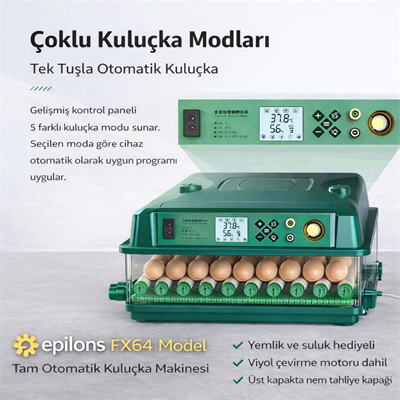 FX64 Model Tam Otomatik Kuluçka Makinesi Yeni Nesil Havalandırmalı Sulu Sistem
