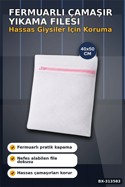Fermuarlı 40x50 cm Çamaşır Yıkama Filesi - Hassas Kıyafet Koruma Torbası BX-313583