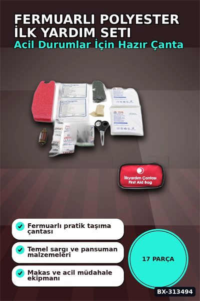 Fermuarlı Polyester Çantalı 17 Parça Acil İlk Yardım Seti Araba Ev Ofis BX-313494