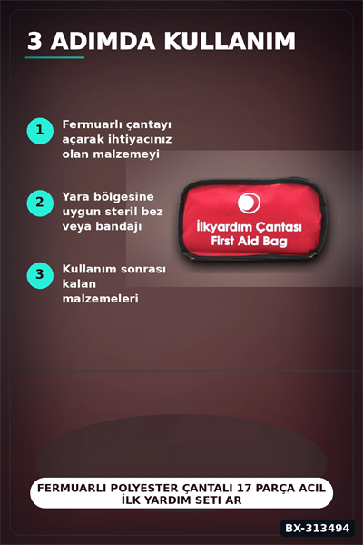 Fermuarlı Polyester Çantalı 17 Parça Acil İlk Yardım Seti Araba Ev Ofis BX-313494
