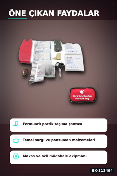 Fermuarlı Polyester Çantalı 17 Parça Acil İlk Yardım Seti Araba Ev Ofis BX-313494