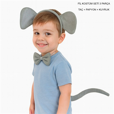 Fil Kostümü Aksesuar Seti 3 Lü - Taç Papyon Kuyruk