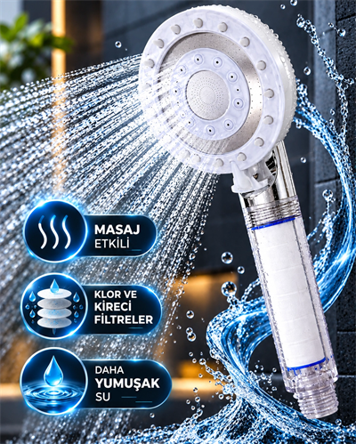 Filtreli Duş Başlığı 5 Fonksiyonlu Masaj Etkili Klor ve Kireç Filtreli Beyaz Duş Başlığı