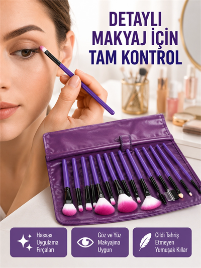 Fondöten, Allık ve Far Uygulamalarına Uygun 12 Parça Makyaj Fırça Takımı Ergonomik Saplı