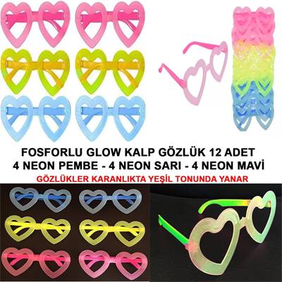 Fosforlu Kalp Model Glow Parti Gözlüğü Karanlıkta Yanan Gözlükler 12 Adet