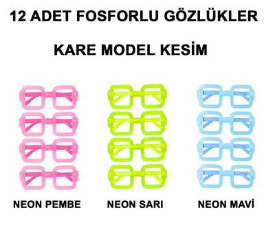 Fosforlu Kare Model Glow Parti Gözlüğü Karanlıkta Yanan Gözlükler 12 Adet (3936)