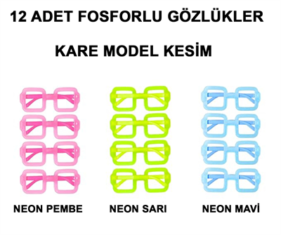 Fosforlu Kare Model Glow Parti Gözlüğü Karanlıkta Yanan Gözlükler 12 Adet Bx40