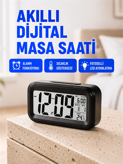 Fotoselli Dijital Masa Saati Aydınlatmalı Alarm ve Tarih Göstergeli