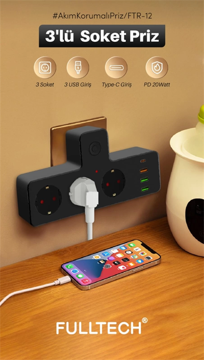 Ftr-12 Termal Akım Korumalı Isıya Dayanıklı 3’lü Priz 3x Usb 1x Type-c