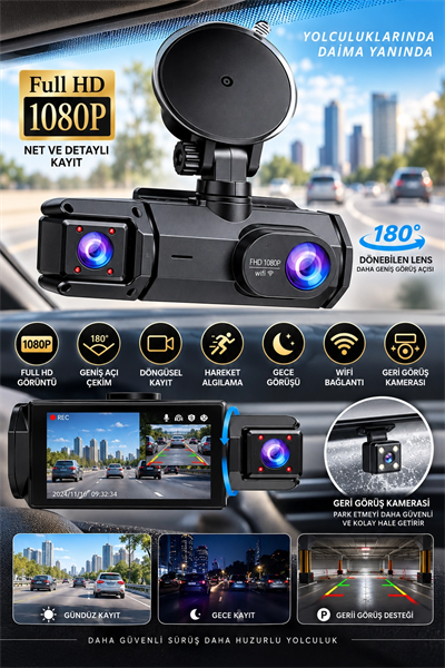 Full HD 1080P Çift Kamera 180° Geniş Açı WiFi Şarjlı Kullanım