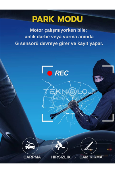 Full HD 1080p 3 Kameralı Dash Cam Ön Arka İç Kayıt Özellikli Gece Görüşlü G Sensörlü