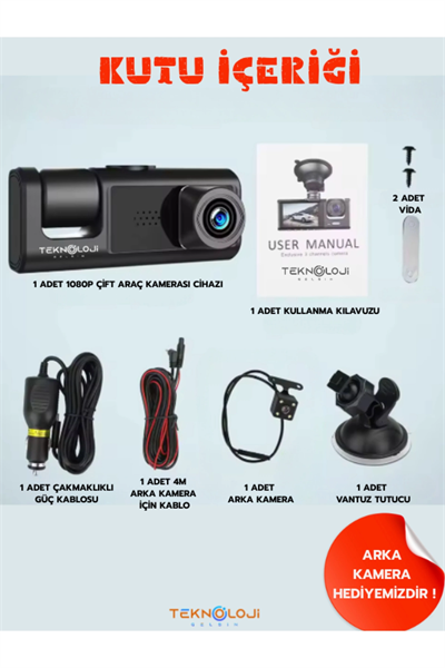 Full HD 1080p 3 Kameralı Dash Cam Ön Arka İç Kayıt Özellikli Gece Görüşlü G Sensörlü