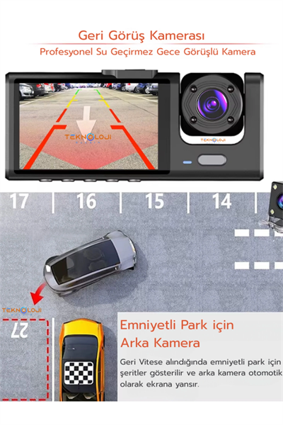 Full HD 1080p 3 Kameralı Dash Cam Ön Arka İç Kayıt Özellikli Gece Görüşlü G Sensörlü