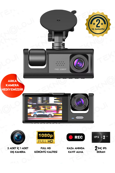 Full HD 1080p 3 Kameralı Dash Cam Ön Arka İç Kayıt Özellikli Gece Görüşlü G Sensörlü