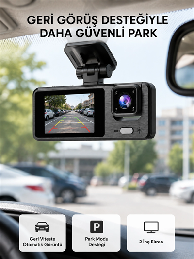Full HD 3lü Araç Kamerası Geri Görüş Destekli Park Modlu 1080P DVR