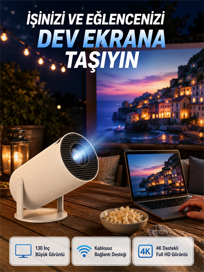 Full HD 4K Destekli Akıllı Projeksiyon – 130 inç Ekran, Uzun Ömürlü Ampul ve Çoklu Giriş