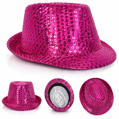 Fuşya Pembe Payetli Disco Parti Şapkası Yetişkin Işıltılı Fötr Model