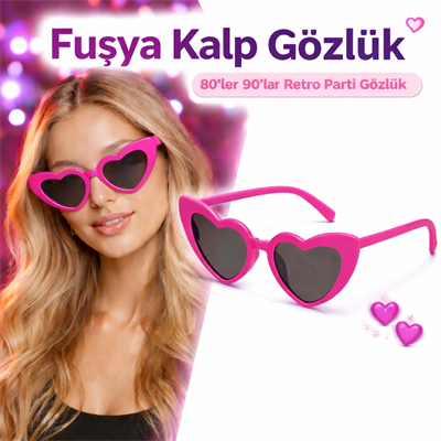 Fuşya Pembe Retro Kalp Gözlük – 80’ler 90’lar Stil Parti Gözlüğü