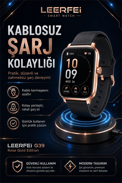 G39 Model Kablosuz Şarjlı Akıllı Saat Rose Gold Renk Bildirim Ve Arama Destekli