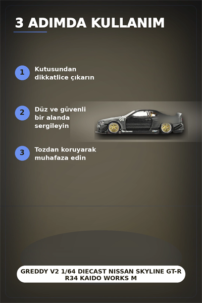 GReddy V2 1/64 Diecast Nissan Skyline GT-R R34 Kaido Works Model Araba, Koleksiyonluk BX-313373