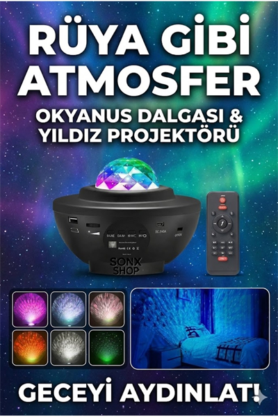 Galaksi Yıldız Projektörü ve Bluetooth Hoparlör 10 Renk Modlu Okyanus Dalgalı Gece & Disko Lambası