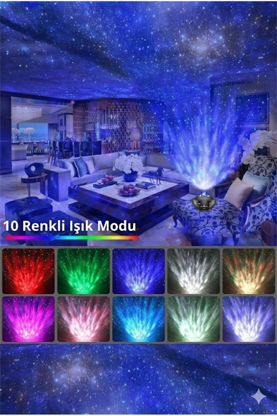 Galaksi Yıldız Projektörü ve Bluetooth Hoparlör 10 Renk Modlu Okyanus Dalgalı Gece & Disko Lambası