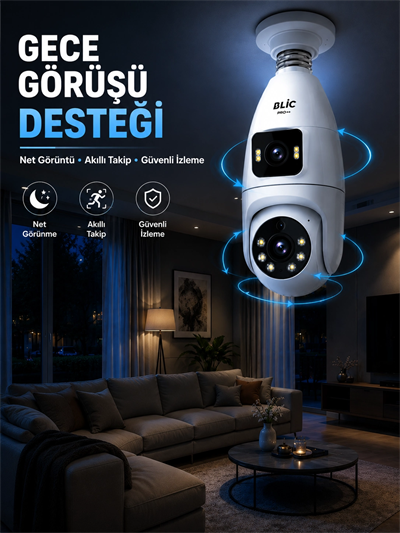 Gece Görüşlü Çift Lens Wi-Fi Ampul Kamera Mobil Takip Destekli