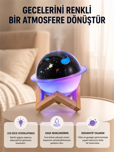 Gece lambası özellikli taşınabilir nemlendirici ve aromaterapi cihazı USB girişli