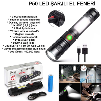 Geniş Açılı P50 Led Şarjlı El Feneri Wt-601