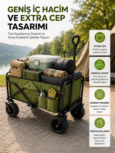Geniş İç Hacimli Fren Sistemli Katlanabilir Kamp ve Piknik Arabası