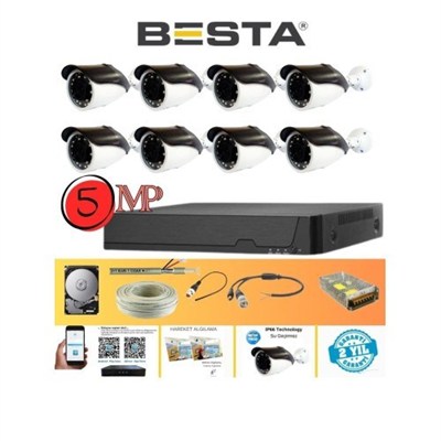 Gerçek 5 Mp Metal Kasa 8 Kameralı Ahd Güvenlik Seti 250 GB HDD Dahil