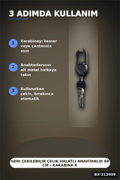 Geri Çekilebilir Çelik Halatlı Anahtarlık 68 cm - Karabina Kancalı Kemer Aksesuarı BX-313499
