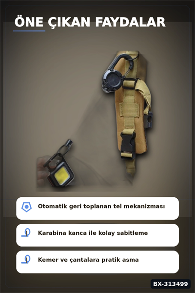Geri Çekilebilir Çelik Halatlı Anahtarlık 68 cm - Karabina Kancalı Kemer Aksesuarı BX-313499