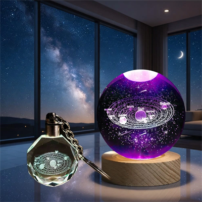Gezegenler Temalı Işıklı Cam Küre - Renk Değiştiren Gece Lambası - Kristal Anahtarlık Seti