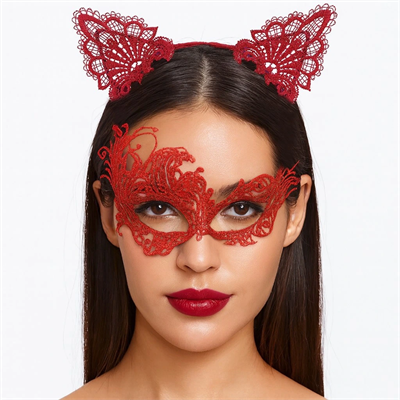 Gizemli Kırmızı Dantel Maske Ve Taç Seti 1 No - Kostüm Seti